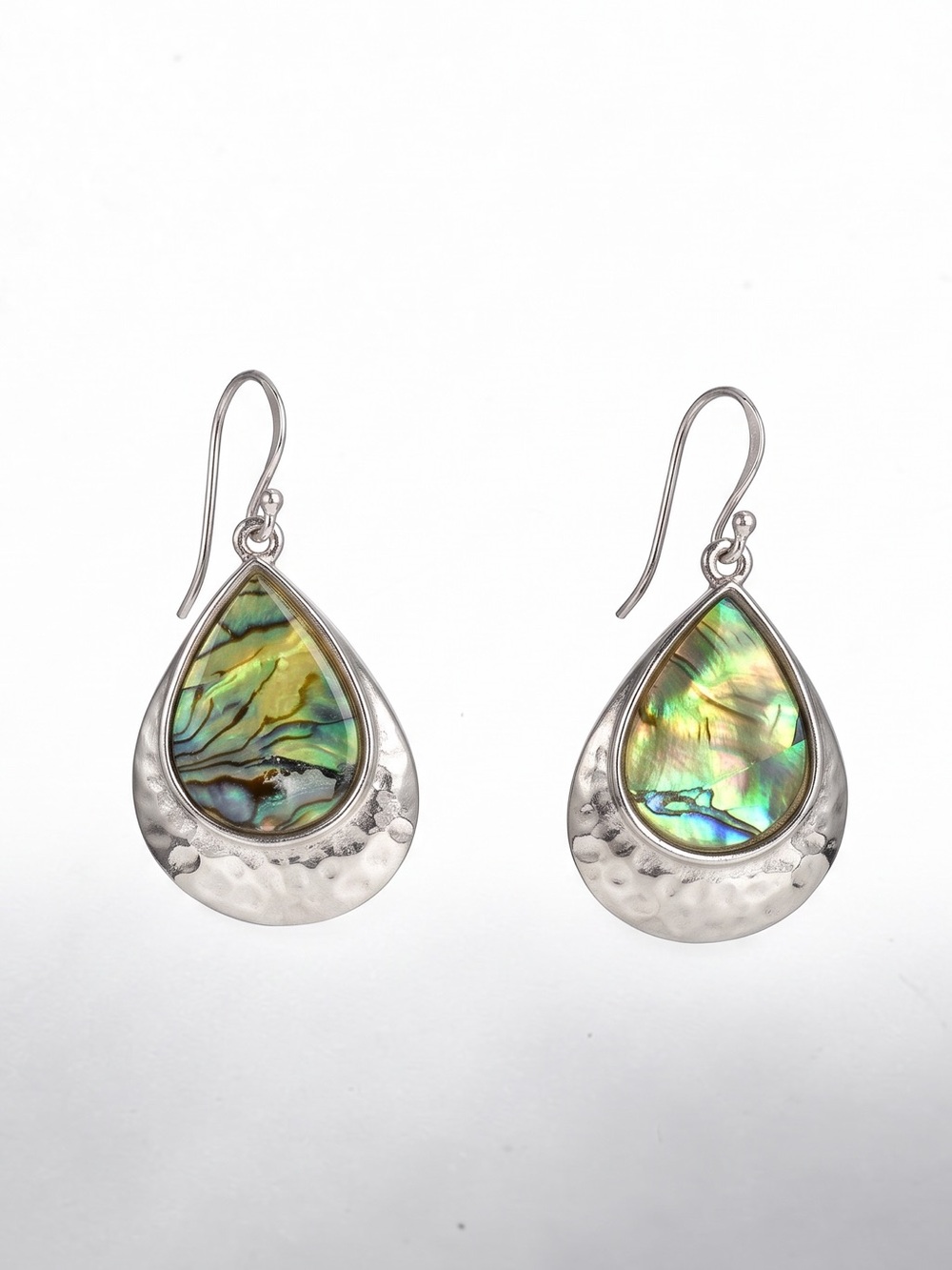Abalone Teardrop Dangle Earrings - Green Shell Silver Tone